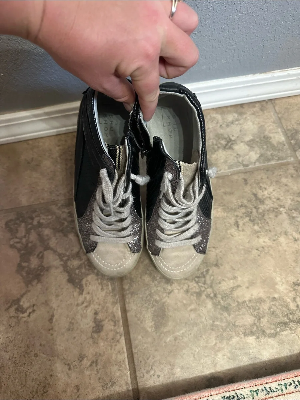 Women’s Shu Shop Black and Silver High-Top Sneakers - Fashion Glitter Accent